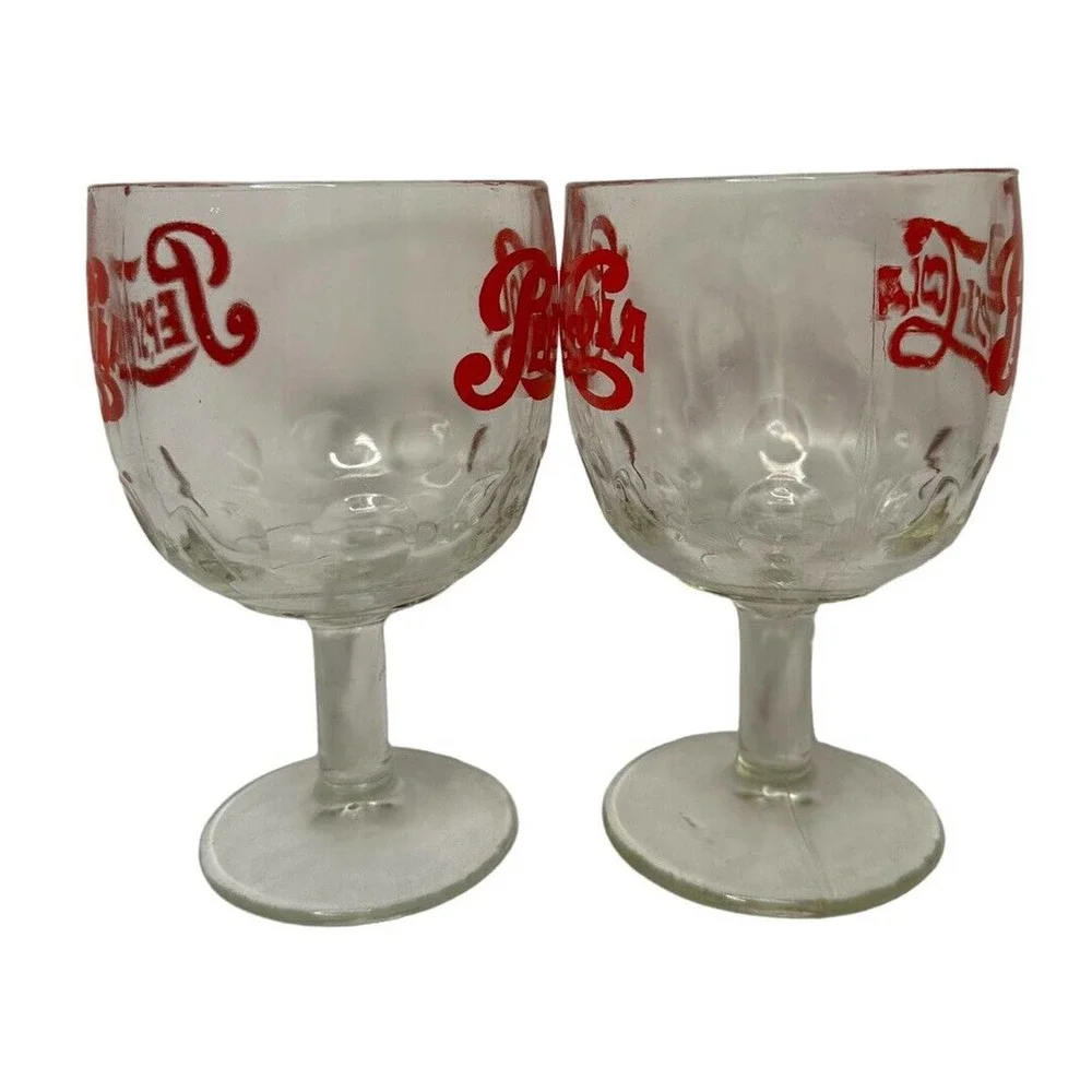 Vintage‎ Pair of Retro Logo PEPSI COLA Soda Fountain Thumbprint Glass Goblets